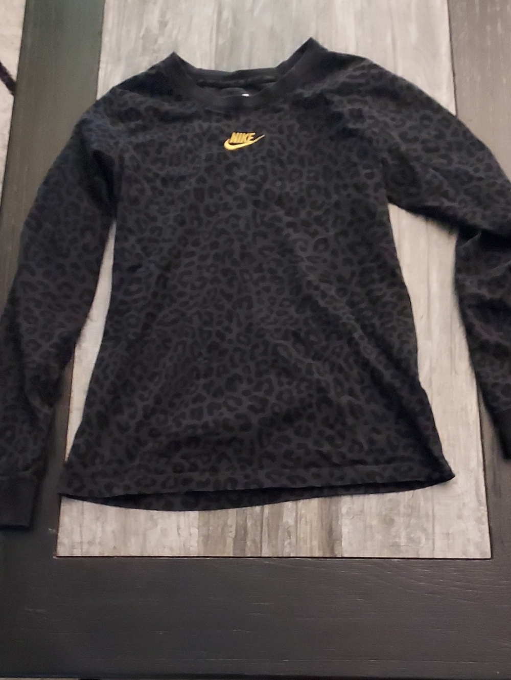 Nike Ladies Black Leopard-Print Long Sleeve Top with Gold Logo Accent XS